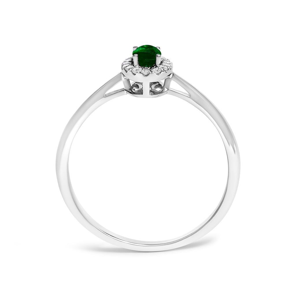 10K White Gold 5X3MM Oval Green Emerald and Diamond Accent Halo Ring (I-J Color, I1-I2 Clarity) - Ring Size 6