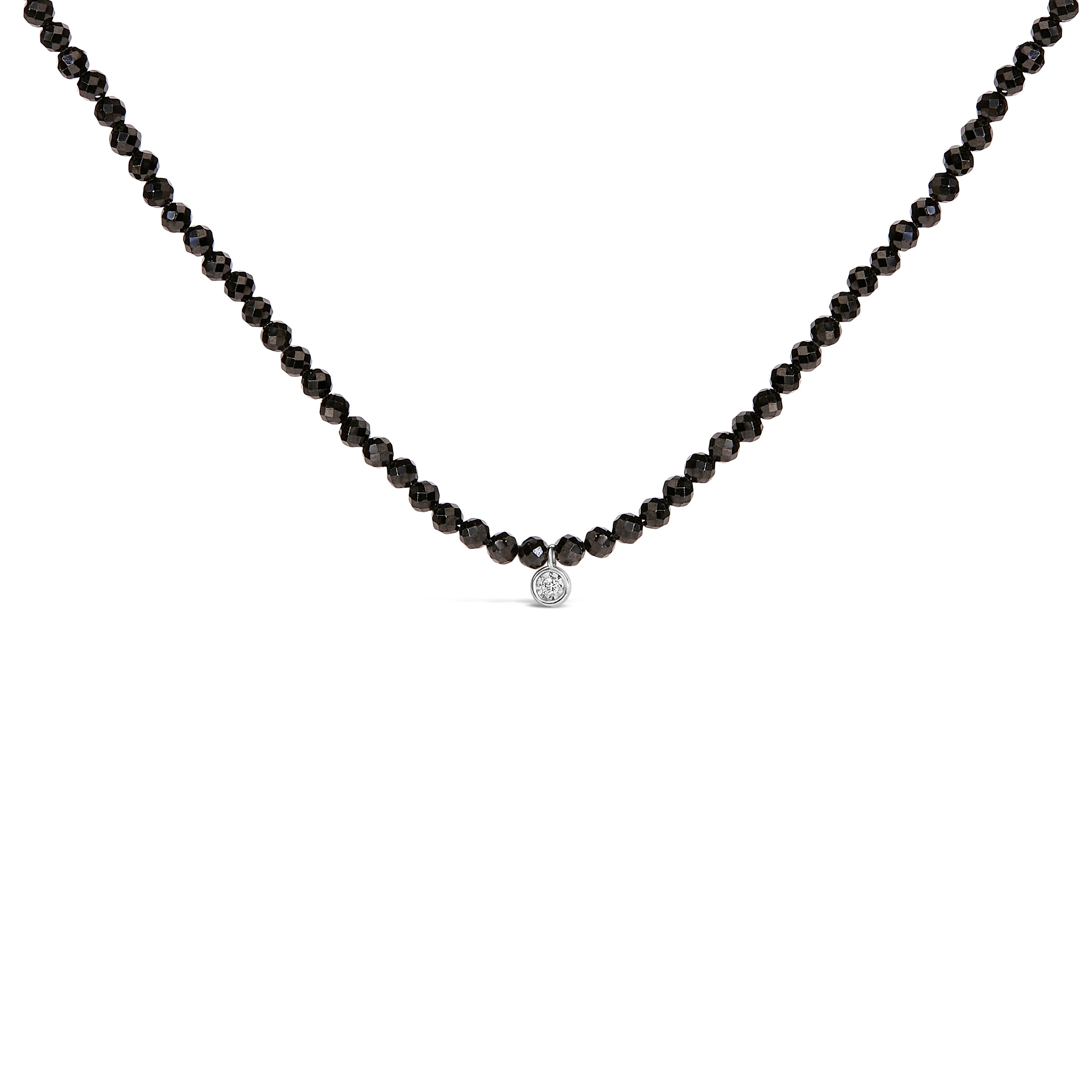 Black beaded necklace with a silver clasp on a white background
