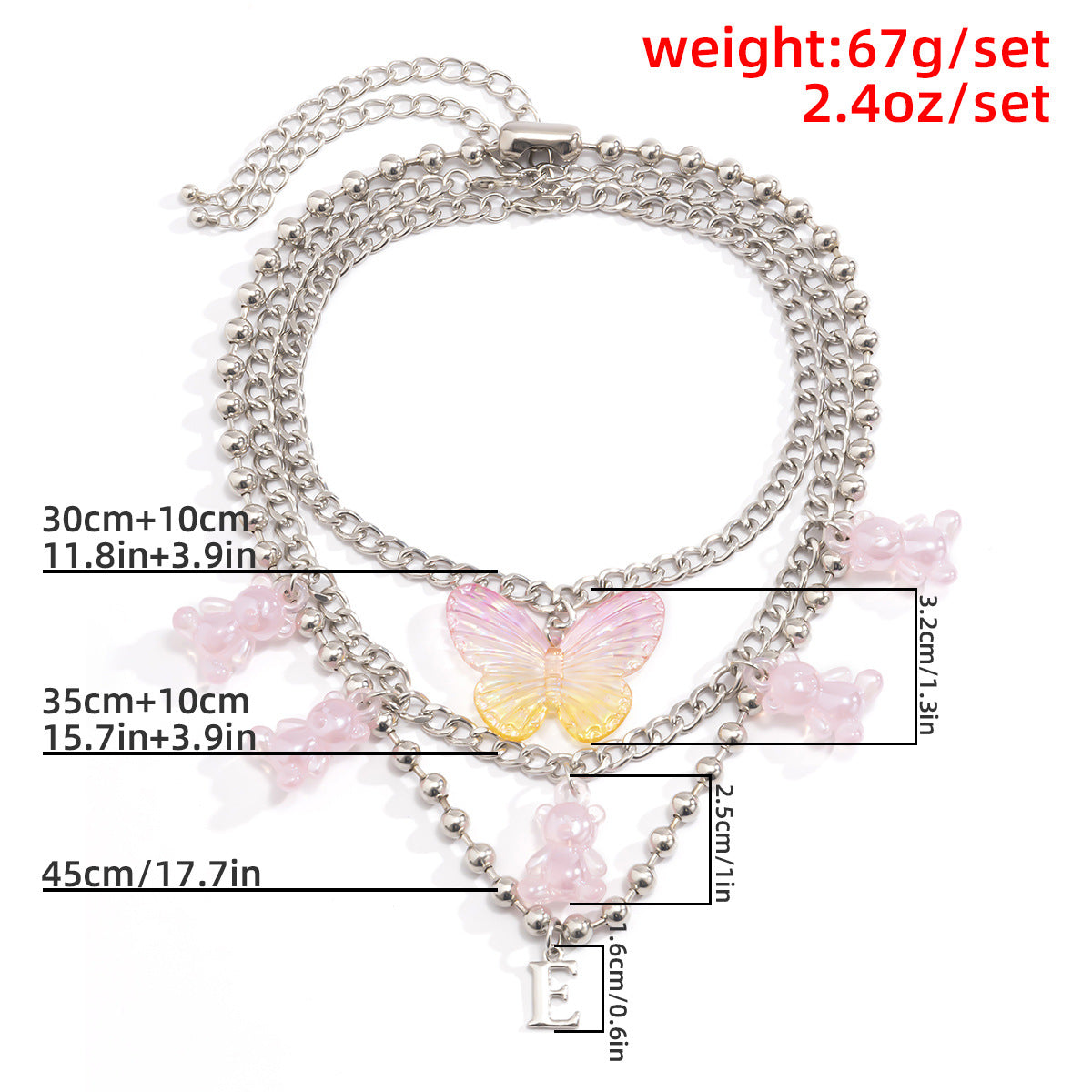Simple Multi-layer Round Bead Chain Necklace Female Retro Bear Butterfly Pendant Necklace Set
