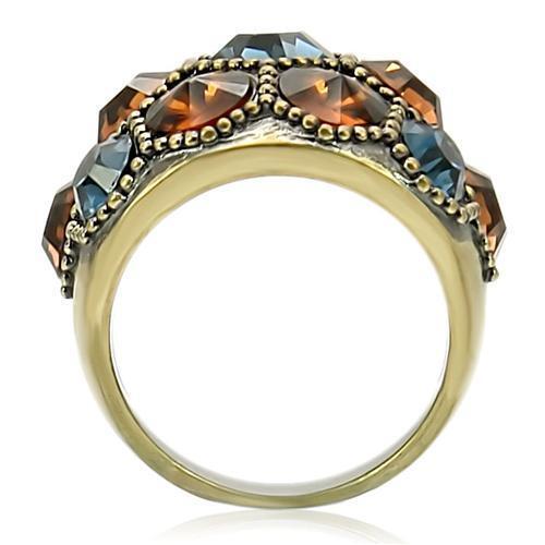 Gold ring with multicolored gemstones on a white background