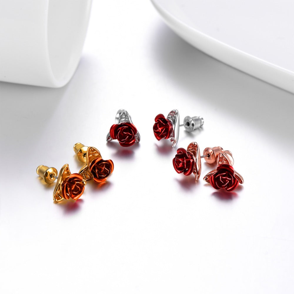 Color: Rose gold - Rose Earrings 925 Silver Pin Earrings