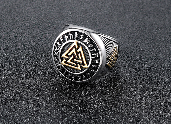 Color: Silver, Size: US8 - Stainless Steel Valknut Ring With Runic Symbol Halo