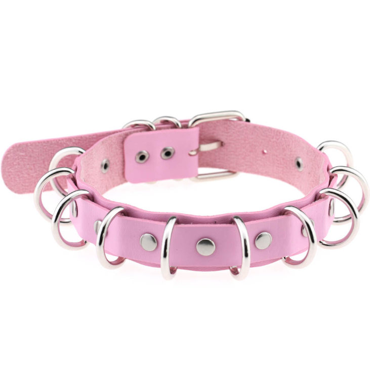 Color: Pink - Punk style exaggerated double leather necklace metal multi-ring collar