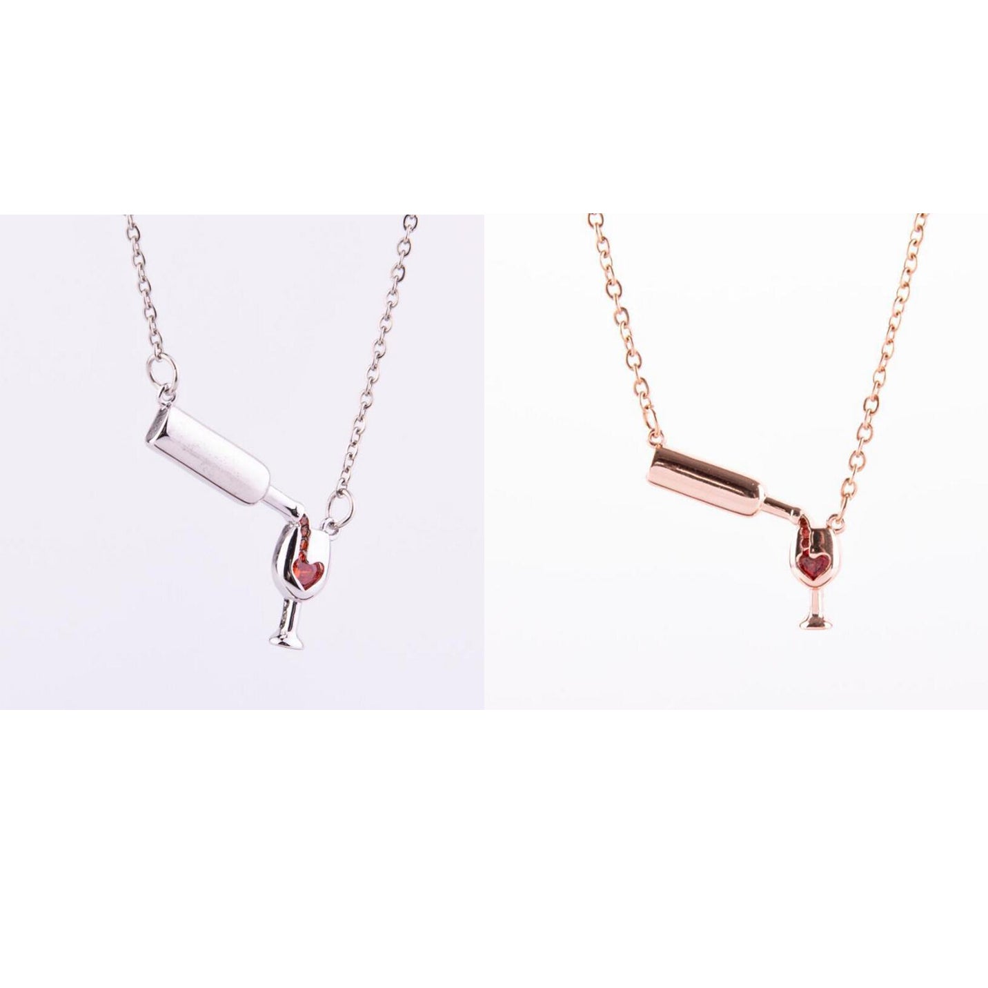 Color: 1 Rose Gold+1 Silvery - Wine Bottle Cup Pendant Necklace For Women Girls Wine Glass Necklace Love Cheers Chain Necklace Red Enamel Heart Necklace Christmas Birthday Jewelry Gifts For Wine Lovers