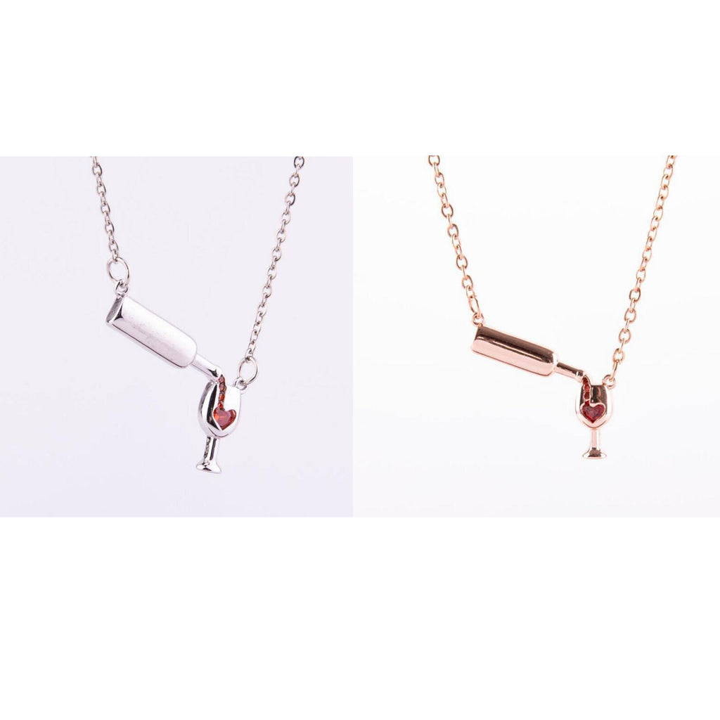 Color: 1 Rose Gold+1 Silvery - Wine Bottle Cup Pendant Necklace For Women Girls Wine Glass Necklace Love Cheers Chain Necklace Red Enamel Heart Necklace Christmas Birthday Jewelry Gifts For Wine Lovers