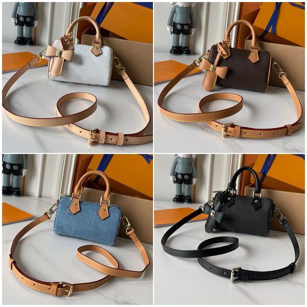 Collage of four different handbags with leather straps on a white surface.