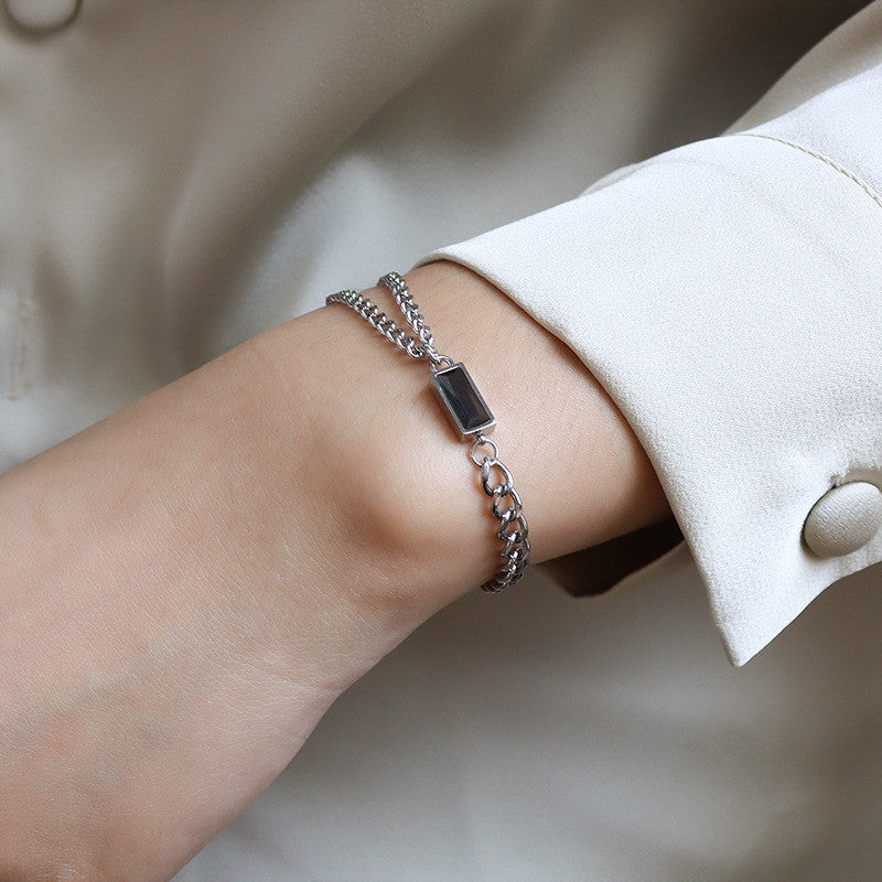 Color: Silver - Chain Zircon Double Chain Stacked Necklace Women Bracelet