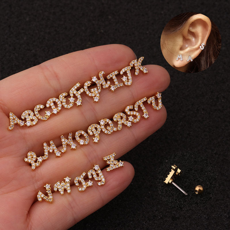 Color: Silver, style: P - 26 English Alphabet Earrings Micro-Inlaid Zircon Screw Earrings Female Stainless Steel Ear Bone Studs