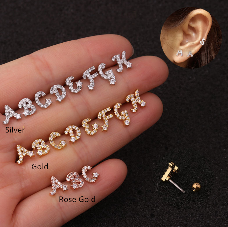 Color: Rose Gold, style: P - 26 English Alphabet Earrings Micro-Inlaid Zircon Screw Earrings Female Stainless Steel Ear Bone Studs