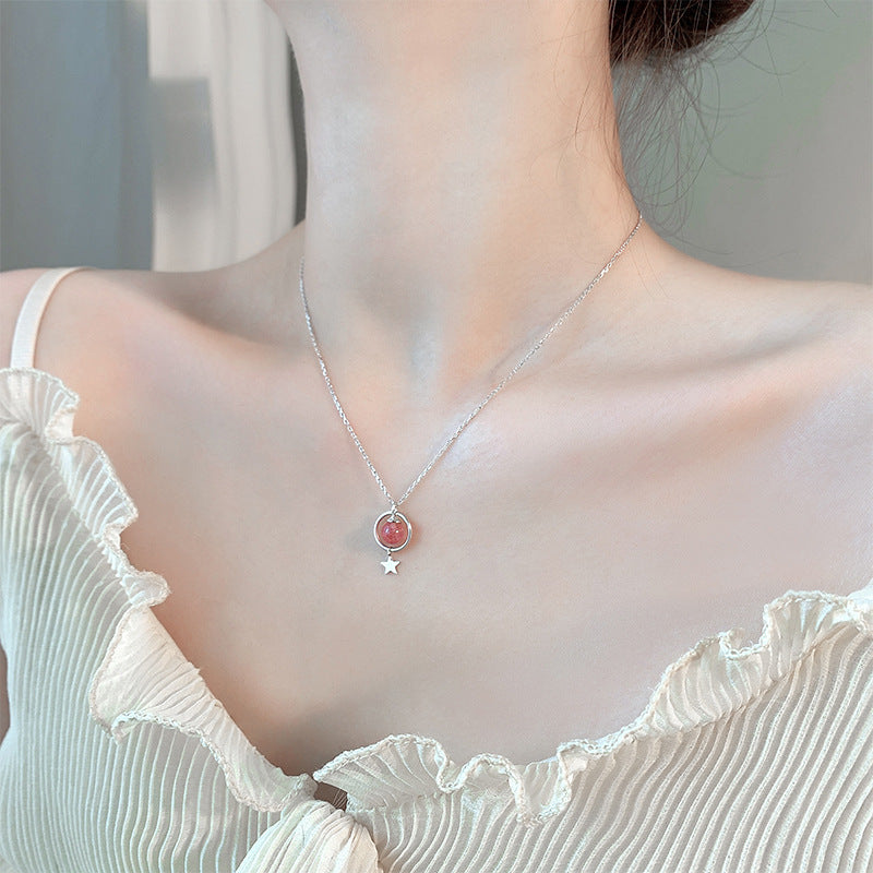 Color: Pink - S925 Silver Strawberry Crystal Star Necklace Simple Personality Design Sensational Moonstone Student Clavicle Chain Korean Version