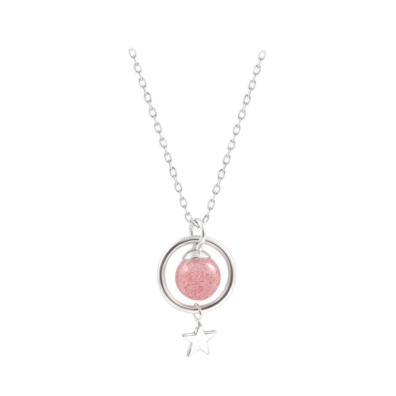 Color: Pink - S925 Silver Strawberry Crystal Star Necklace Simple Personality Design Sensational Moonstone Student Clavicle Chain Korean Version
