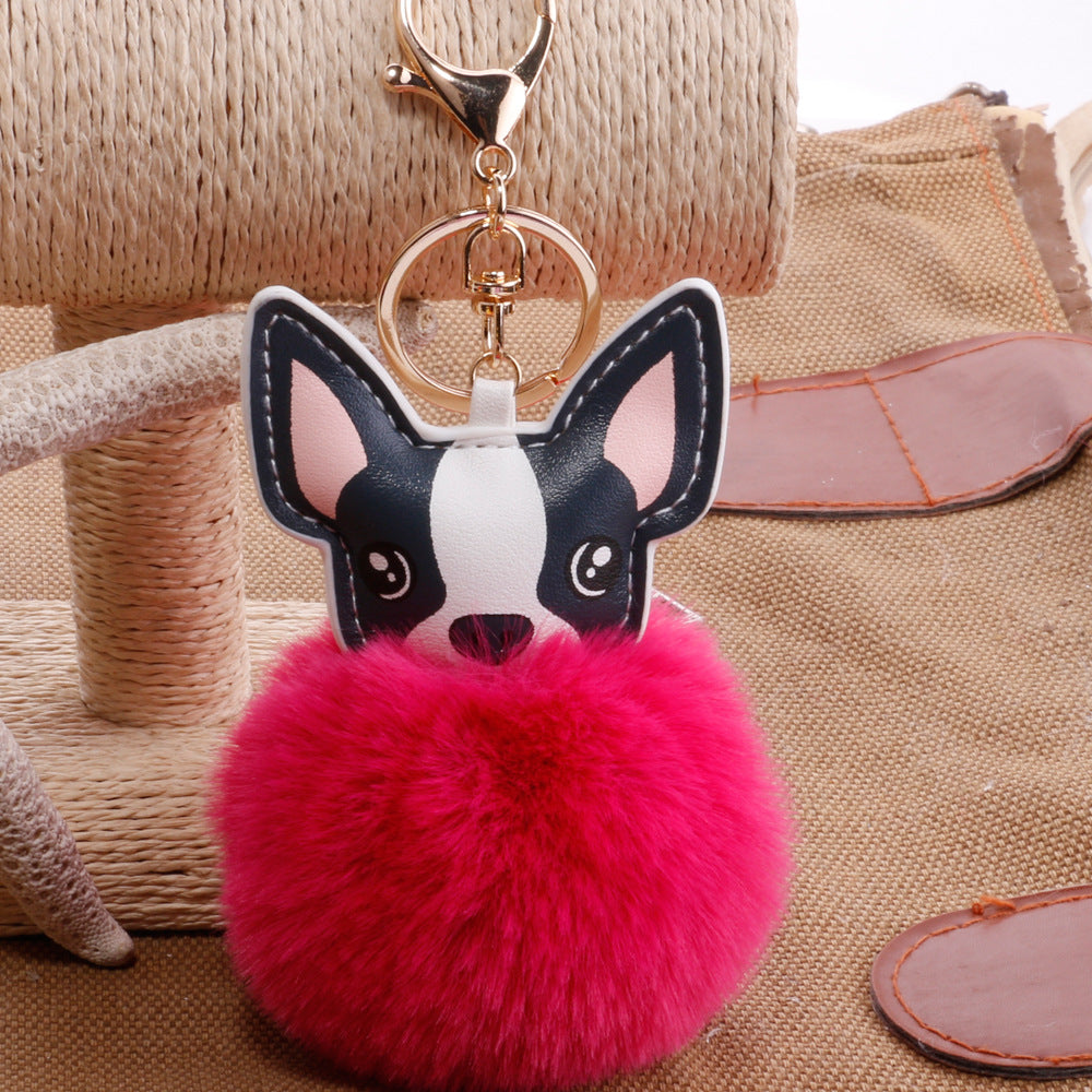 Color: Rose Red, Style: Golden - PU puppy feather ball key pendant Pendant