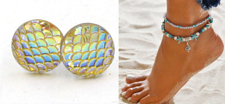 Pair of colorful earrings on a white background with a foot wearing a anklet with starfish charm on a sandy background.