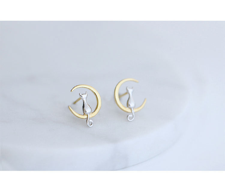 Color: 925 silver - Cute Animal Earrings Charming Lovely Cat Sit On Moon Ear Stud Earrings