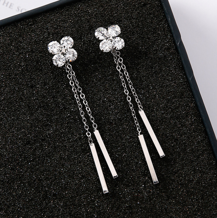 Color: 20, purity: 925 silver needle - 925 silver needle temperament flower long tassel earrings snowflake geometric zircon earrings