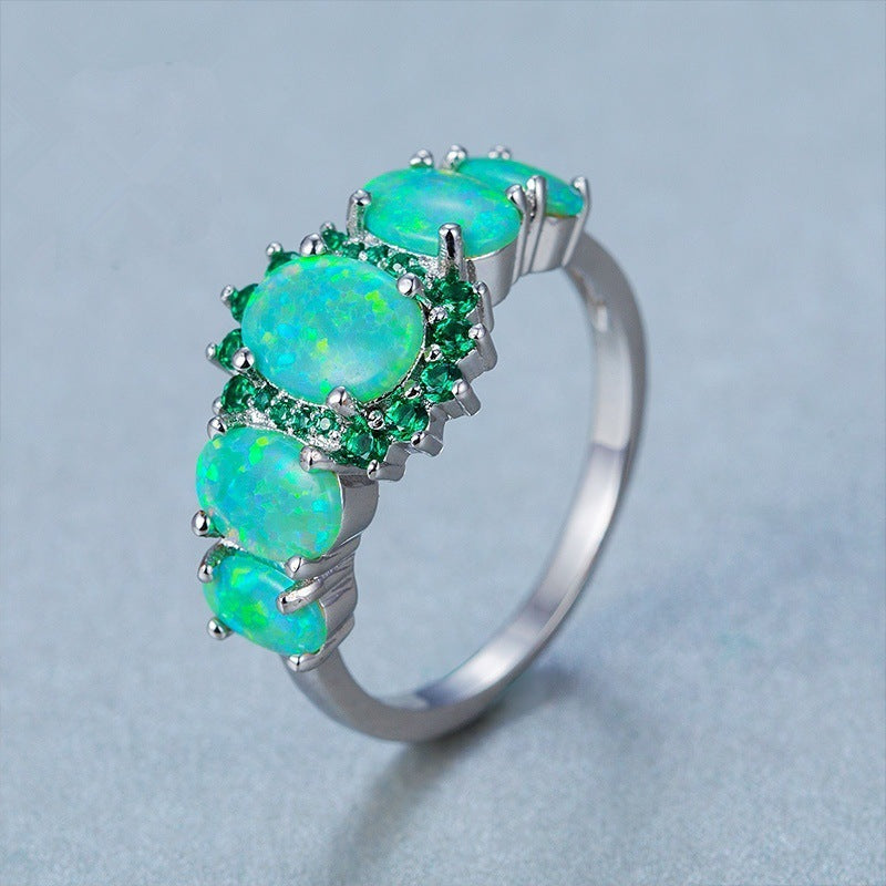 Size: Number 10, Color: Green sliver - New oval green synthetic opal ring