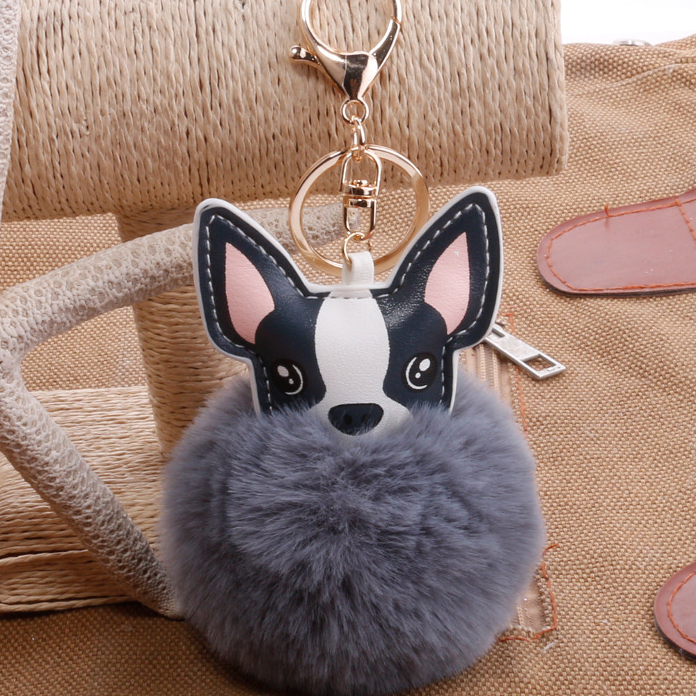 Color: Gray, Style: Silver - PU puppy feather ball key pendant Pendant