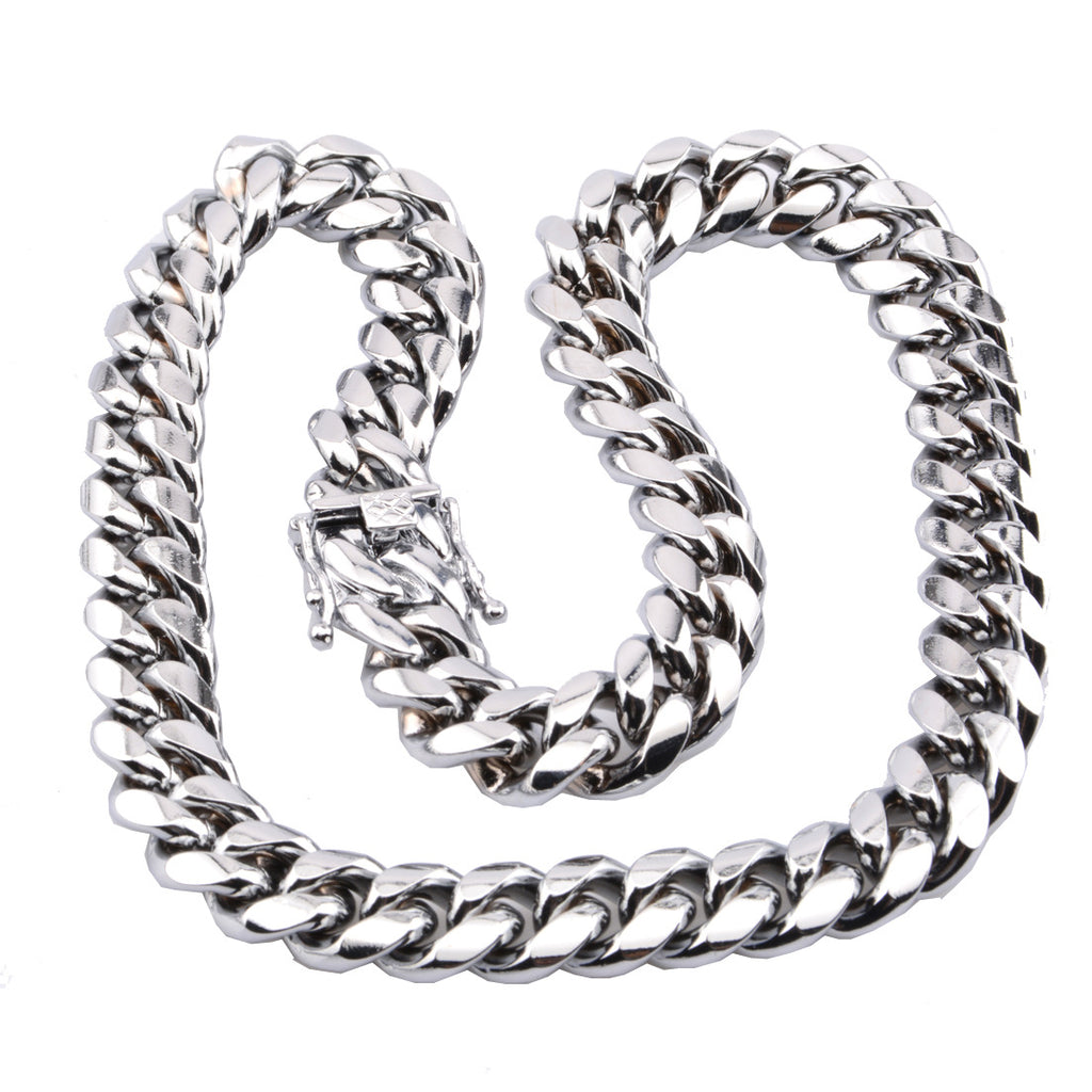 Color: 16mm 22 inches 56cm - New men's hot Cuban chain faucet buckle silver necklace stainless steel titanium steel encryption plating white steel