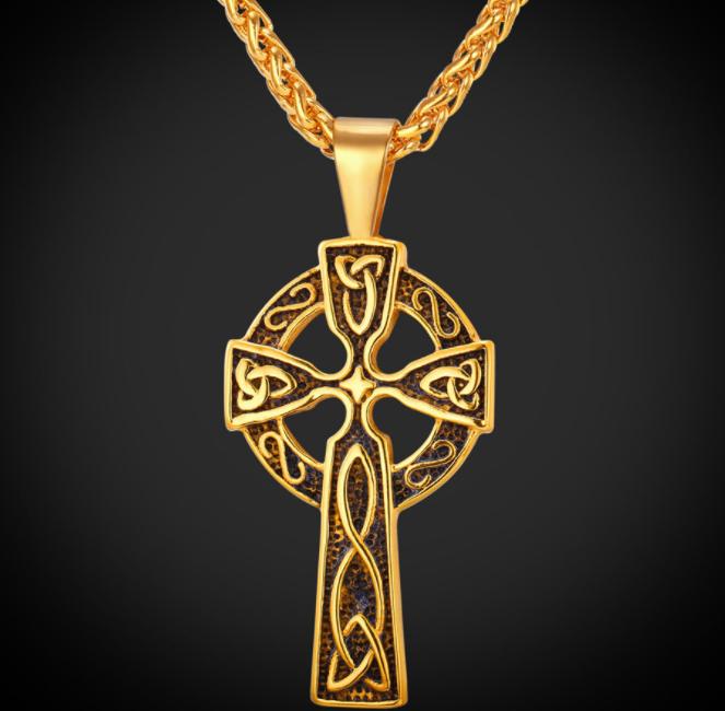 Color: Gold, style: With chain - U7 Gold Color Stainless Steel Triquetra Viking Triple Horn Of Odin Jewelry Fashion Cross Irish Knot Men Necklace & Pendant P754