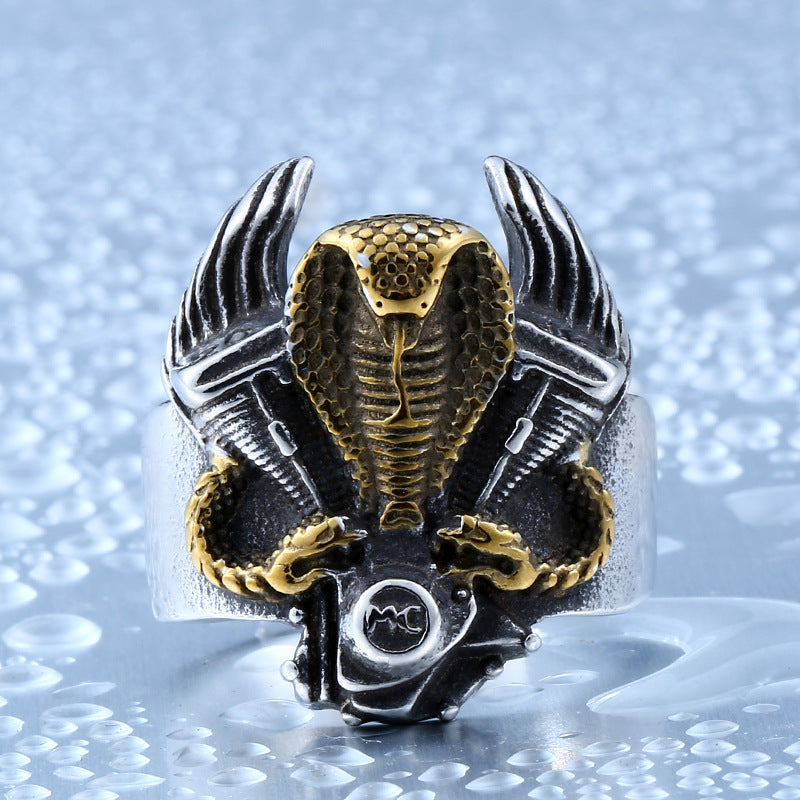 Size: Number 10, Color: Gold - Stainless steel cobra motorcycle ring