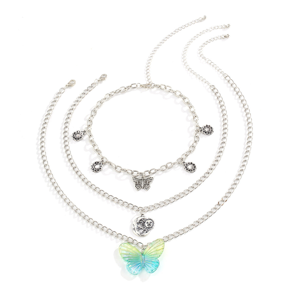Vintage Color Butterfly Moon Sun Combination Necklace