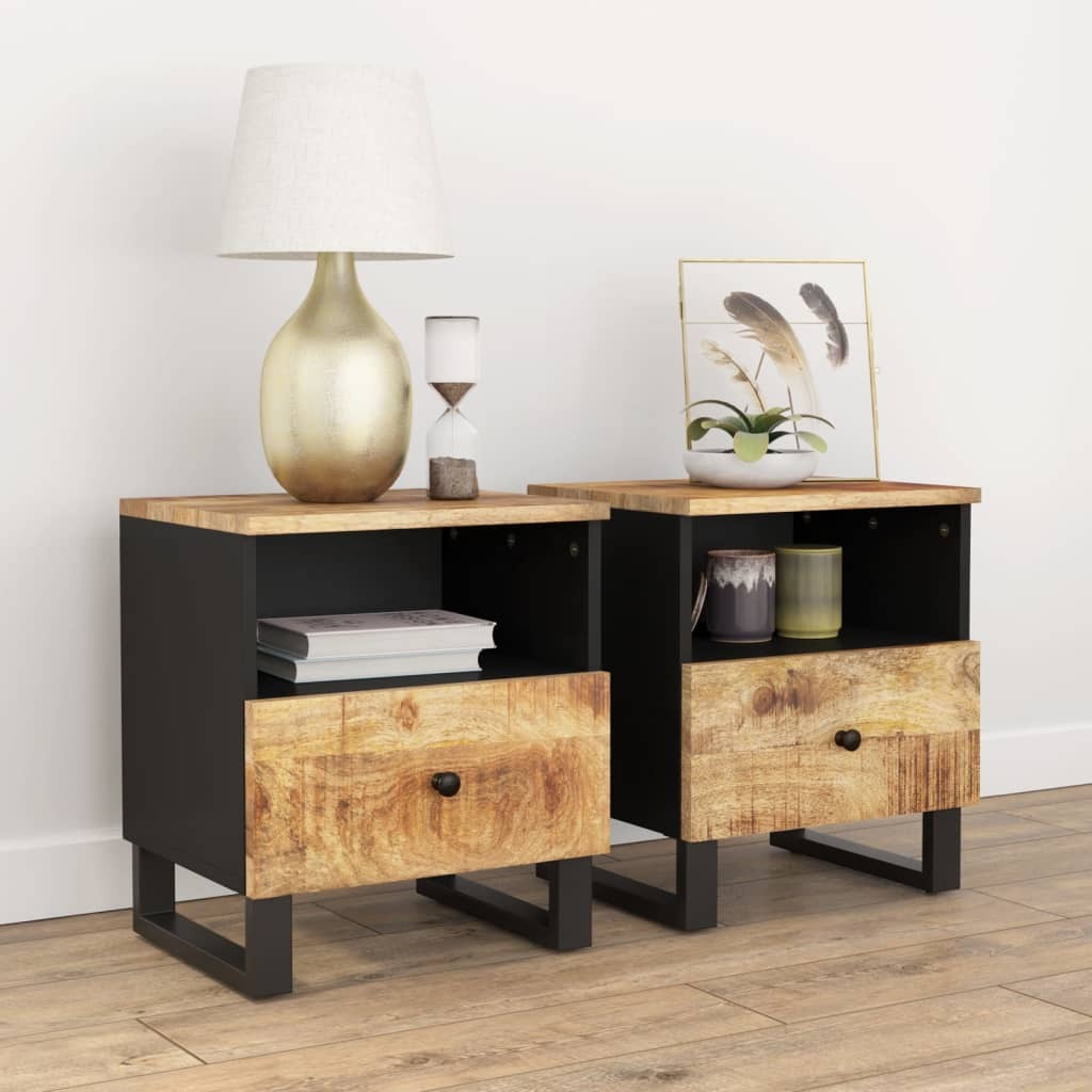 Bedside Cabinet Set of 2 Natural Mango Wood and Black