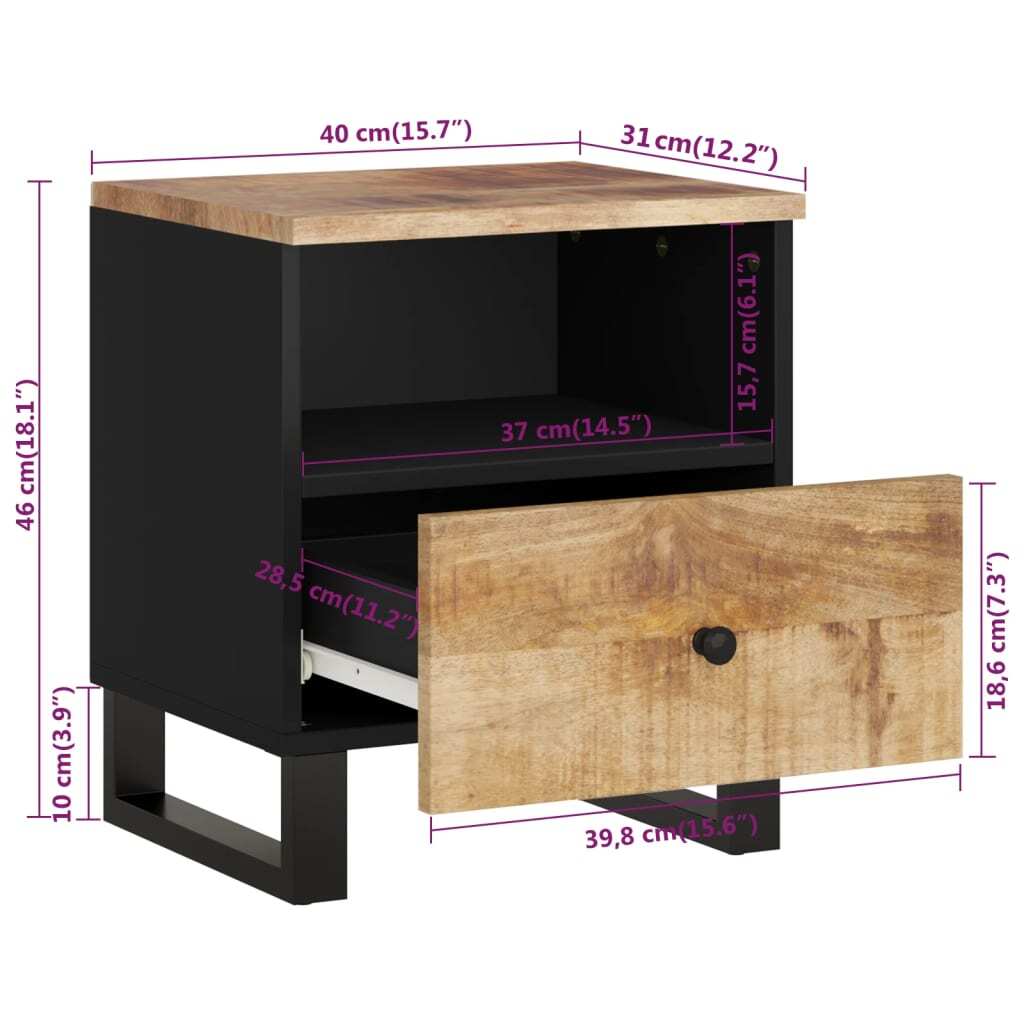 Bedside Cabinet Set of 2 Natural Mango Wood and Black