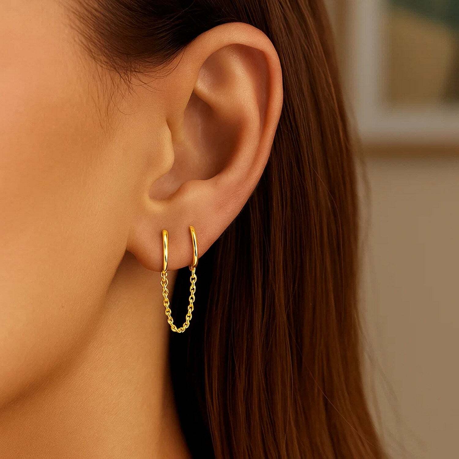 14k Yellow Gold Two Hole Huggie Style Hoop Earrings
