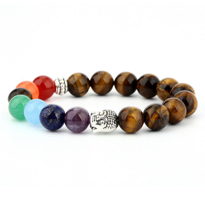 Color: Tiger eye - 6mm natural stone green Dongling red agate yoga chakra bracelet Buddha head energy volcanic stone bead string bracelet