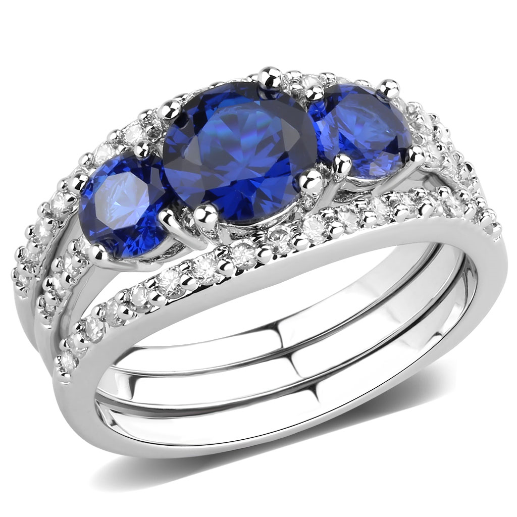 3W1566 - خاتم نحاسي مطلي بالروديوم مع سبينل صناعي باللون الأزرق اللندني