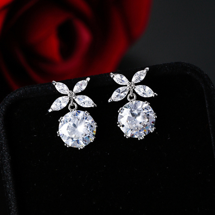 Color: 16, purity: 925 silver needle - 925 silver needle temperament flower long tassel earrings snowflake geometric zircon earrings