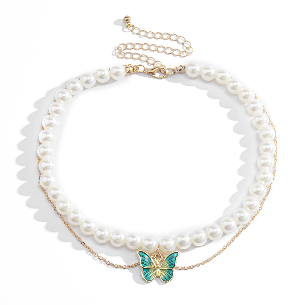 White Imitation Pearl Green Butterfly Necklace
