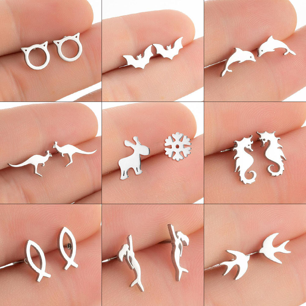 Color: Steel color H - New Style Earrings Stainless Steel Plating Simple Cat Dolphin