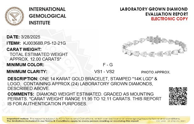 International Gemological Institute diamond evaluation report with bracelet illustration