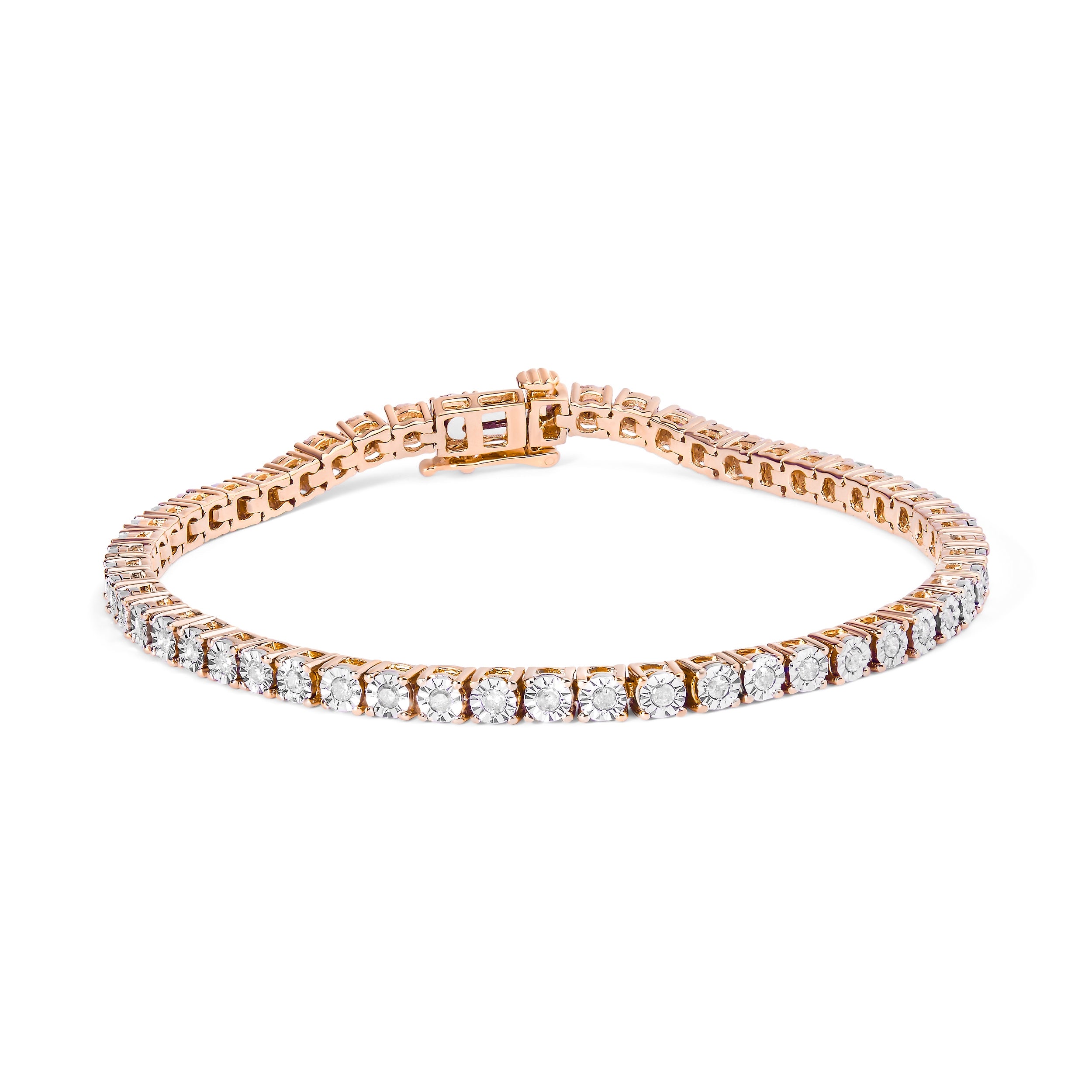 10K Rose Gold Plated .925 Sterling Silver 1.0 Cttw Miracle-Set Diamond Round Faceted Bezel Tennis Bracelet (I-J Color, I3 Clarity) - 7"