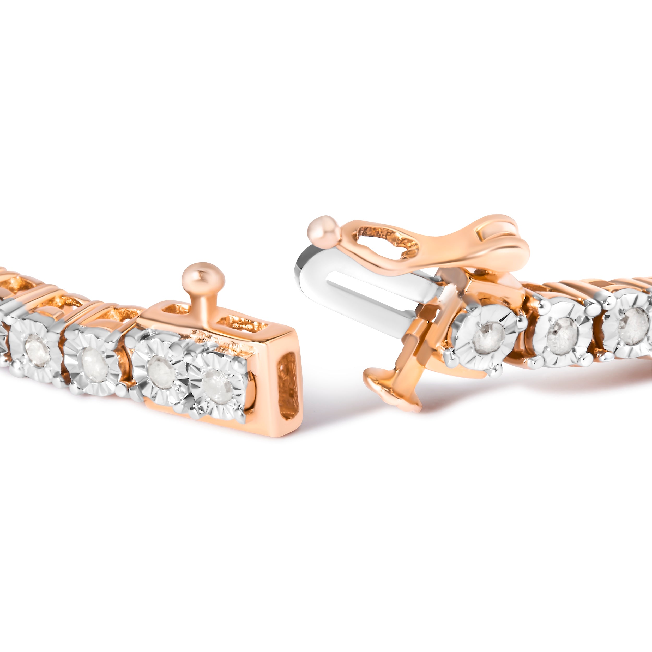 10K Rose Gold Plated .925 Sterling Silver 1.0 Cttw Miracle-Set Diamond Round Faceted Bezel Tennis Bracelet (I-J Color, I3 Clarity) - 7"