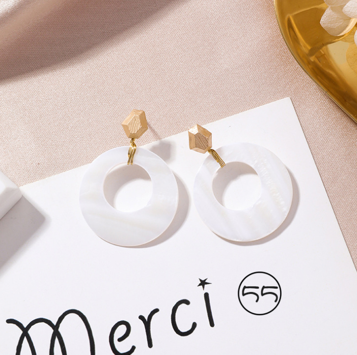 Color: 55 - Shell Petals Geometric Round Metal Asymmetric Long Earrings Sweet Love Stud Earrings
