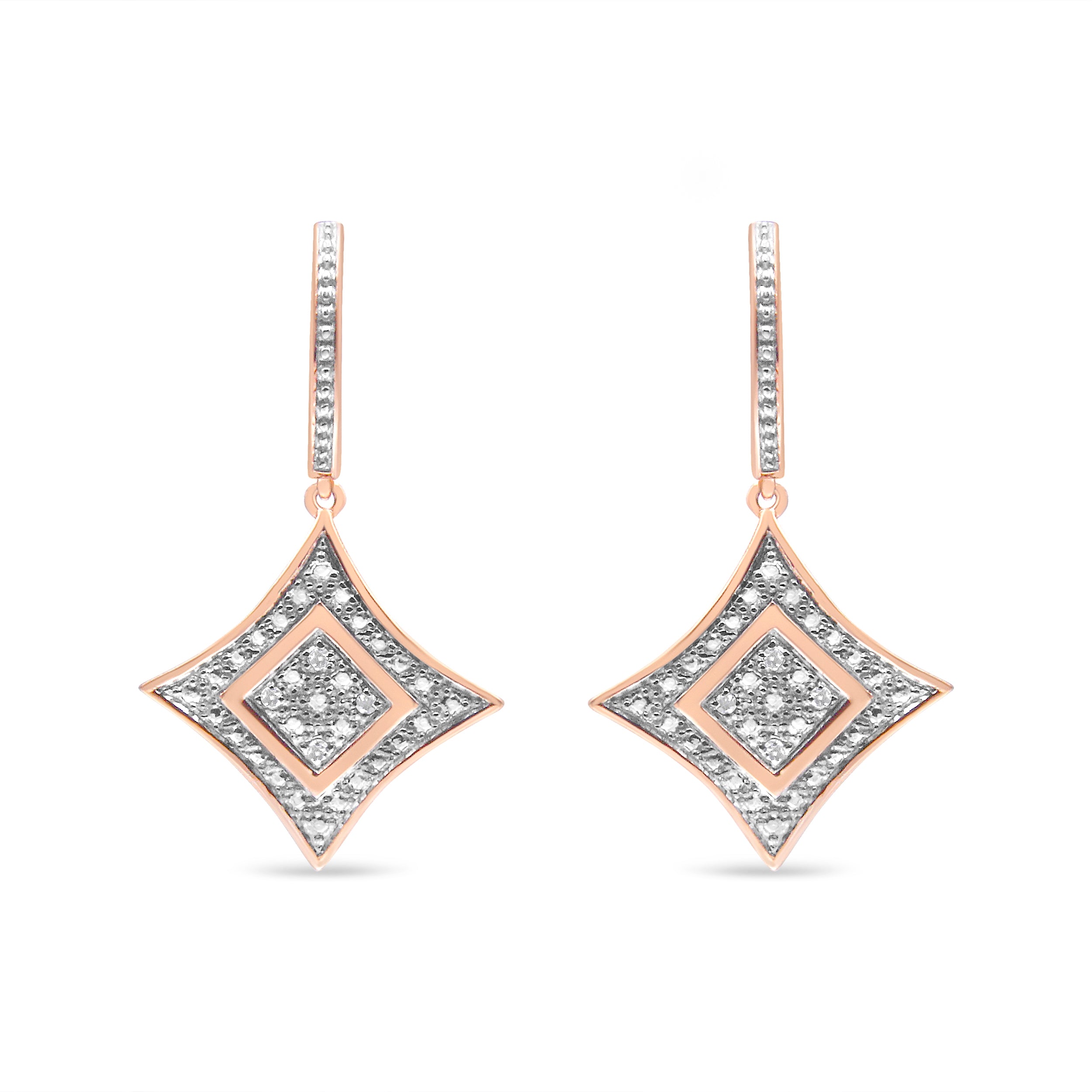 10K Rose Gold Plated Sterling Silver Round Cut Diamond Cushion Dangle Earrings (0.04 cttw, H-I Color, I2-I3 Clarity)