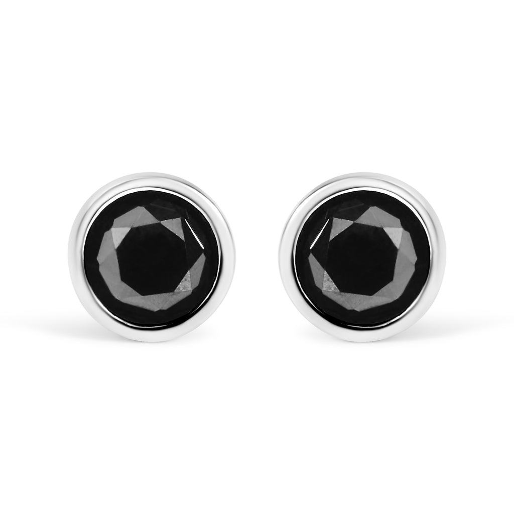 .925 Sterling Silver 2.00 Cttw Round Brilliant-Cut Black Diamond Bezel-Set Stud Earrings with Screw Backs (Fancy Color-Enhanced, I2-I3 Clarity)