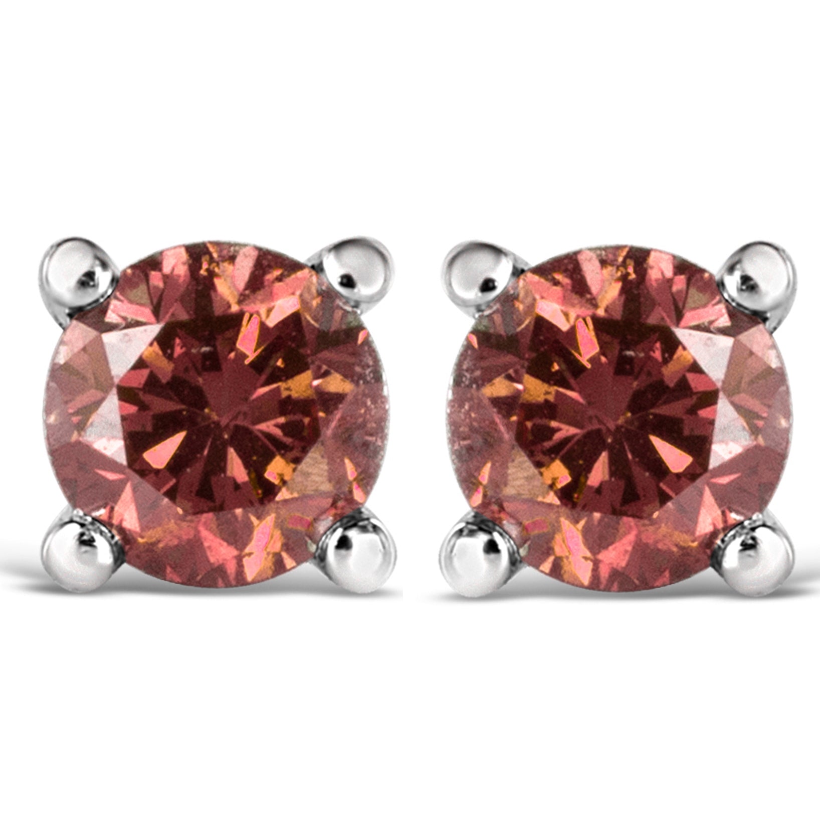 14K White Gold 3/4 Cttw 4-Prong Set Round Brilliant-Cut Pink Diamond Solitaire Stud Earrings (Treated Pink Color, VS2-SI1 Clarity)