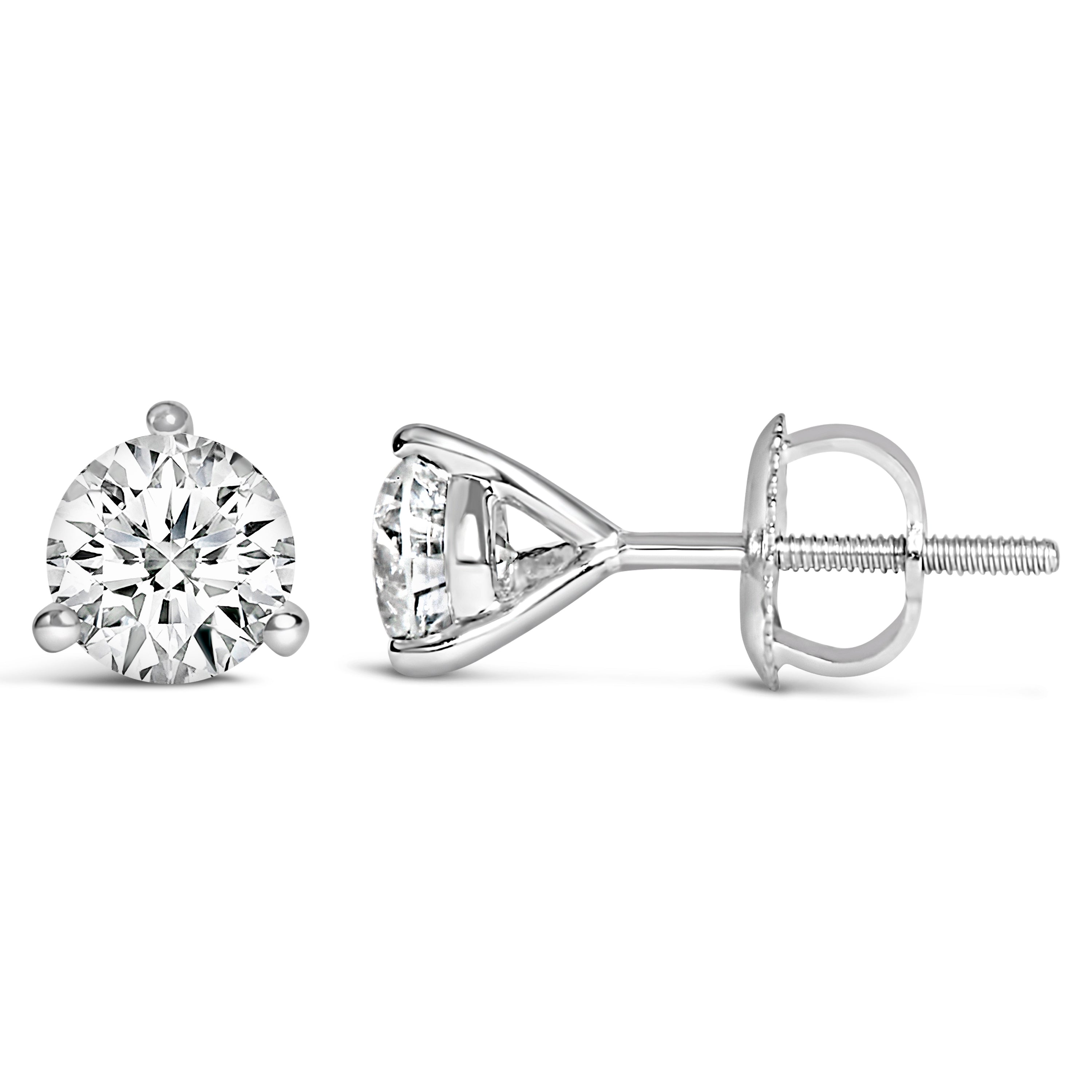 14K White Gold 1 1/2 Cttw 3-Prong Martini Set Brilliant Round-Cut Solitaire Lab Grown Diamond Screwback Stud Earrings (F-G Color, VS1-VS2 Clarity)