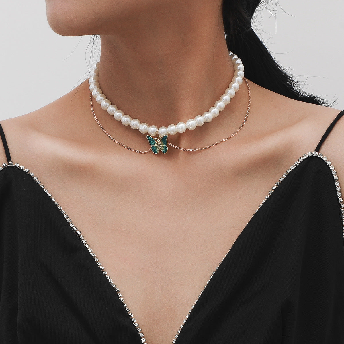 White Imitation Pearl Green Butterfly Necklace