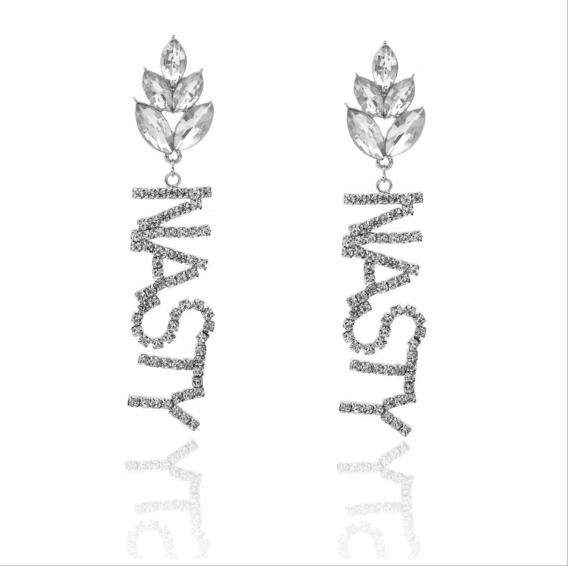 Silver earrings with leaf-like top and vertical text design on a white background