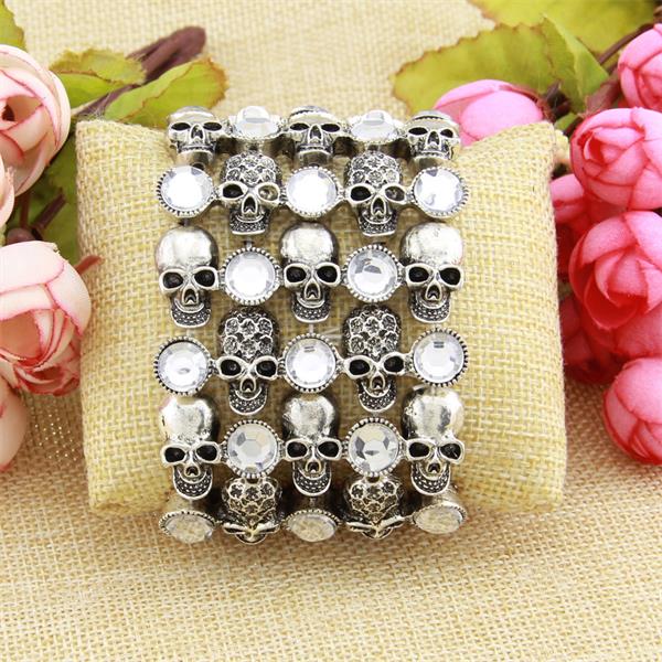 Color: Rose Red - Skull skeleton stretch bracelet for women biker bling jewelry antique gold silver plated W crystal wholesale dropship