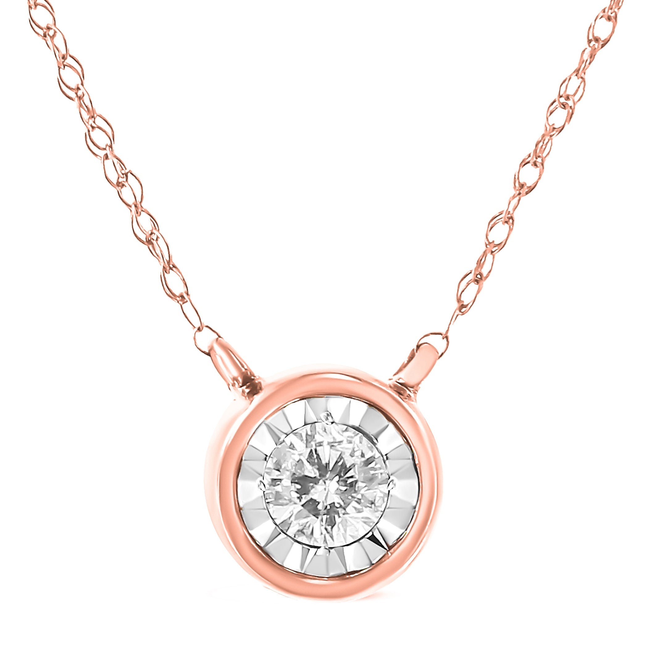 10K Rose Gold 1/5 Cttw Round Brilliant-Cut Diamond Modern Bezel-Set Solitaire Pendant Necklace (J-K Color, I2-I3 Clarity) - 16" with 2" Extender