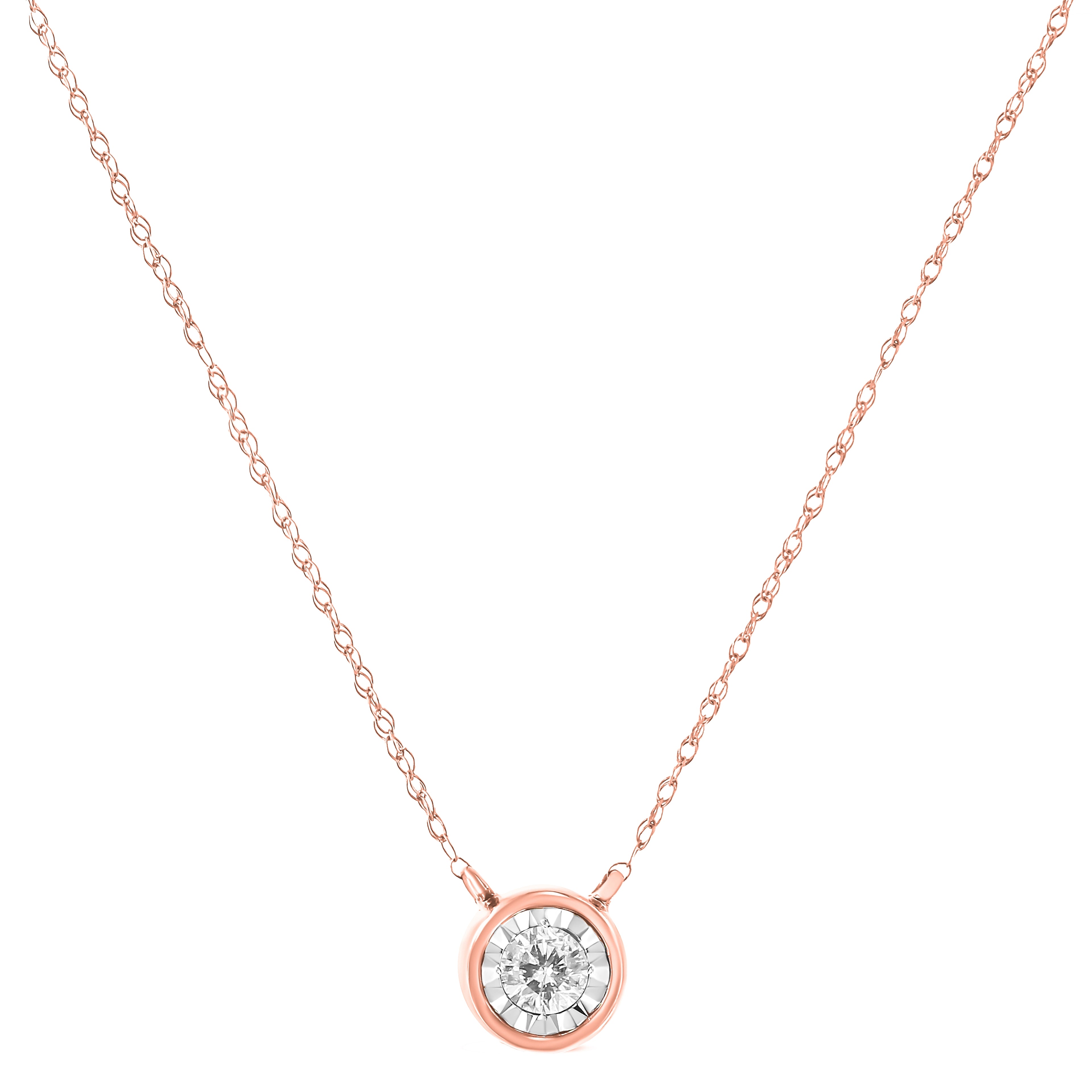 10K Rose Gold 1/5 Cttw Round Brilliant-Cut Diamond Modern Bezel-Set Solitaire Pendant Necklace (J-K Color, I2-I3 Clarity) - 16" with 2" Extender