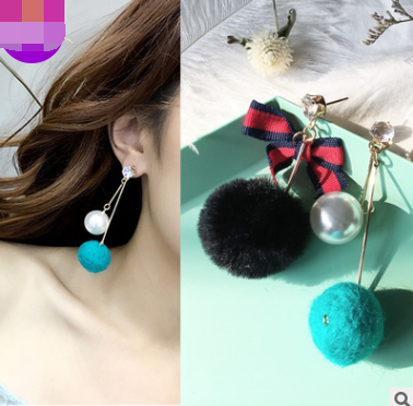 Style: C7002 - New autumn and winter models asymmetric Korean otter hair ball earrings female tassel butterfly long section popular European and American earrings jewelry