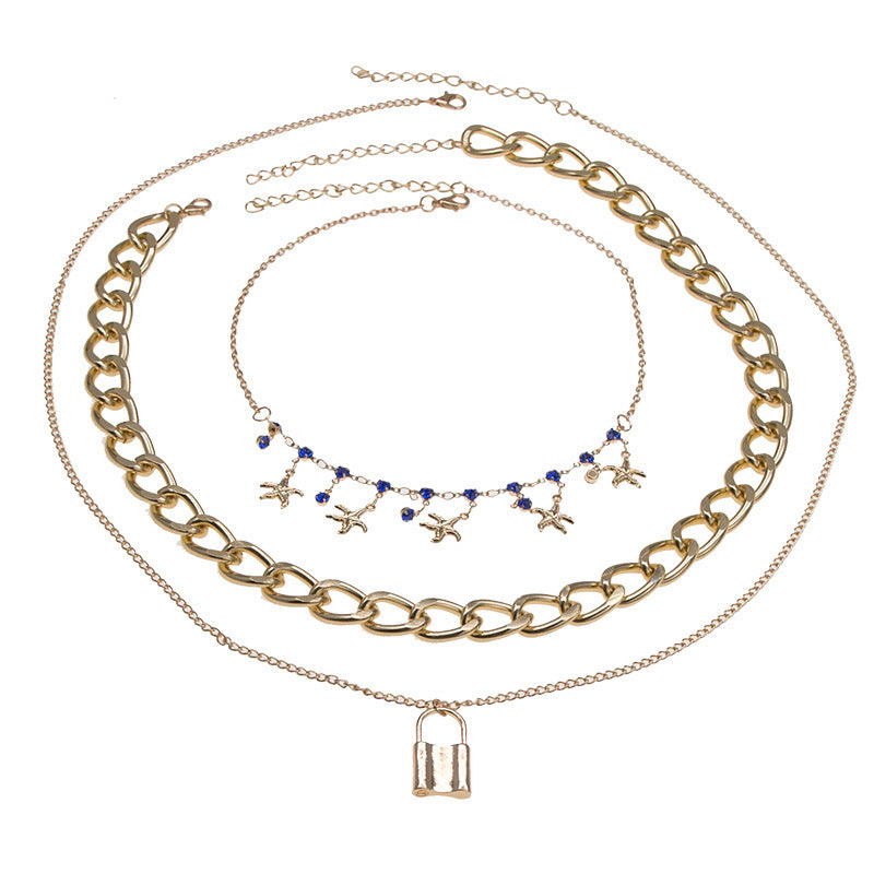 Retro Micro Diamond Starfish Punk Necklace Personality Geometric Lock Copper Bead Three-layer Necklace