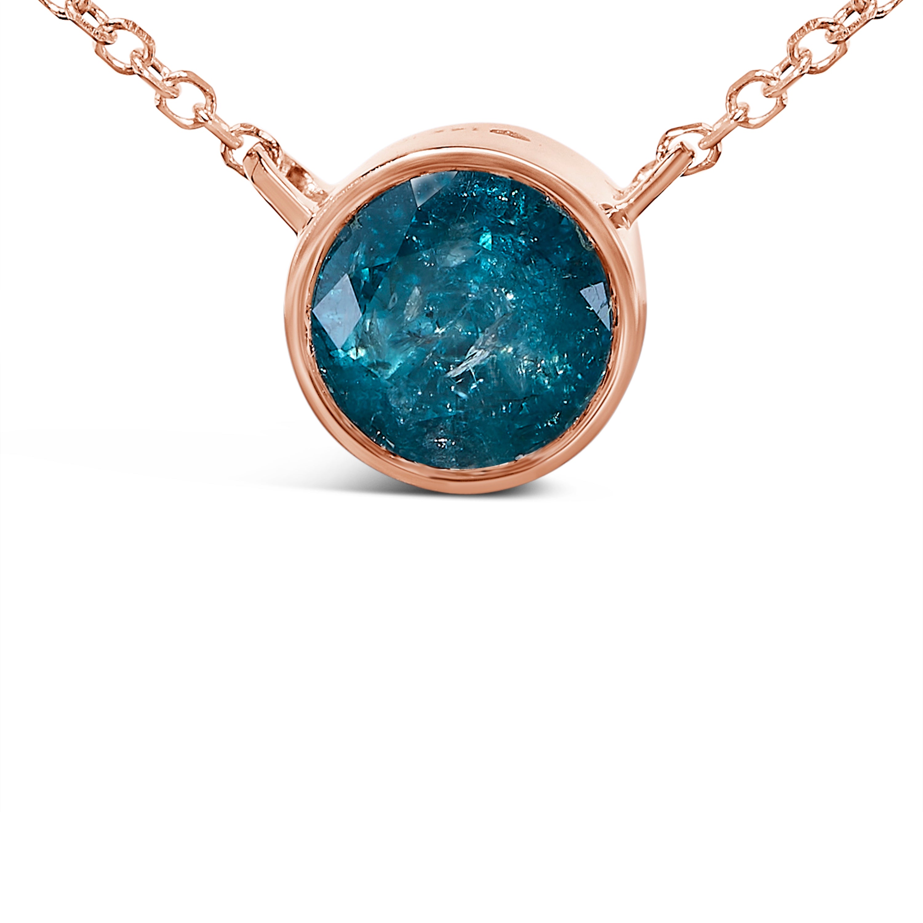 14K Rose Gold 2.0 Cttw Bezel Set Blue Diamond Solitaire Pendant Necklace  - 18" Inches