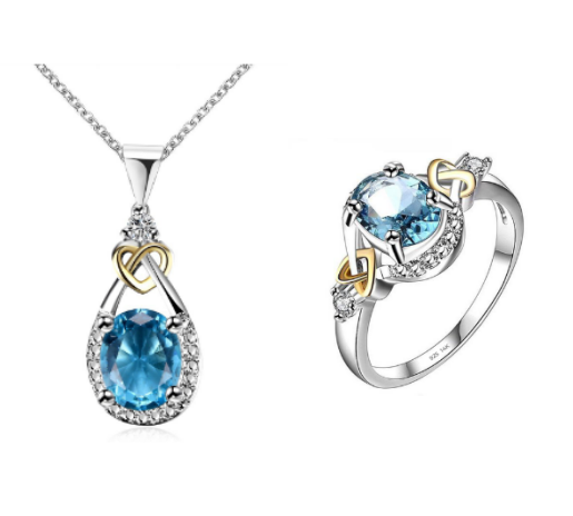 Style: Ring and necklace, Size: 8 - Sterling Silver Blue Jewel Necklace Ring Earrings